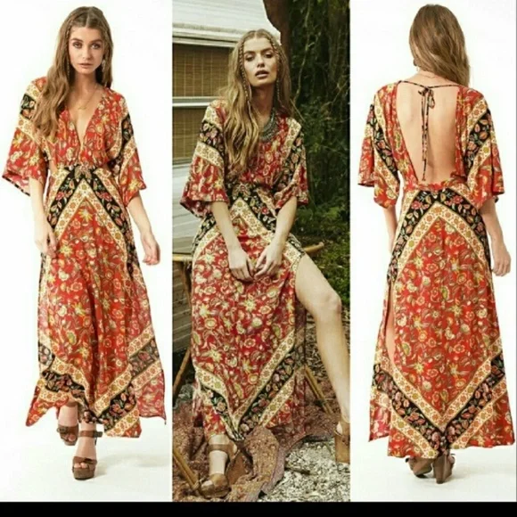 festival floral print red boho v neck midi dress backless - Picture 5 of 6